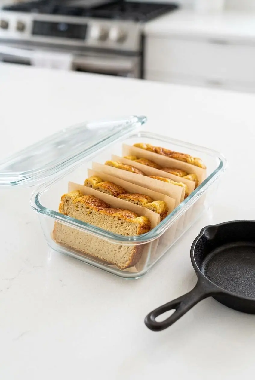 Cooled keto egg loaf slices layered between parchment paper in a glass meal prep container.