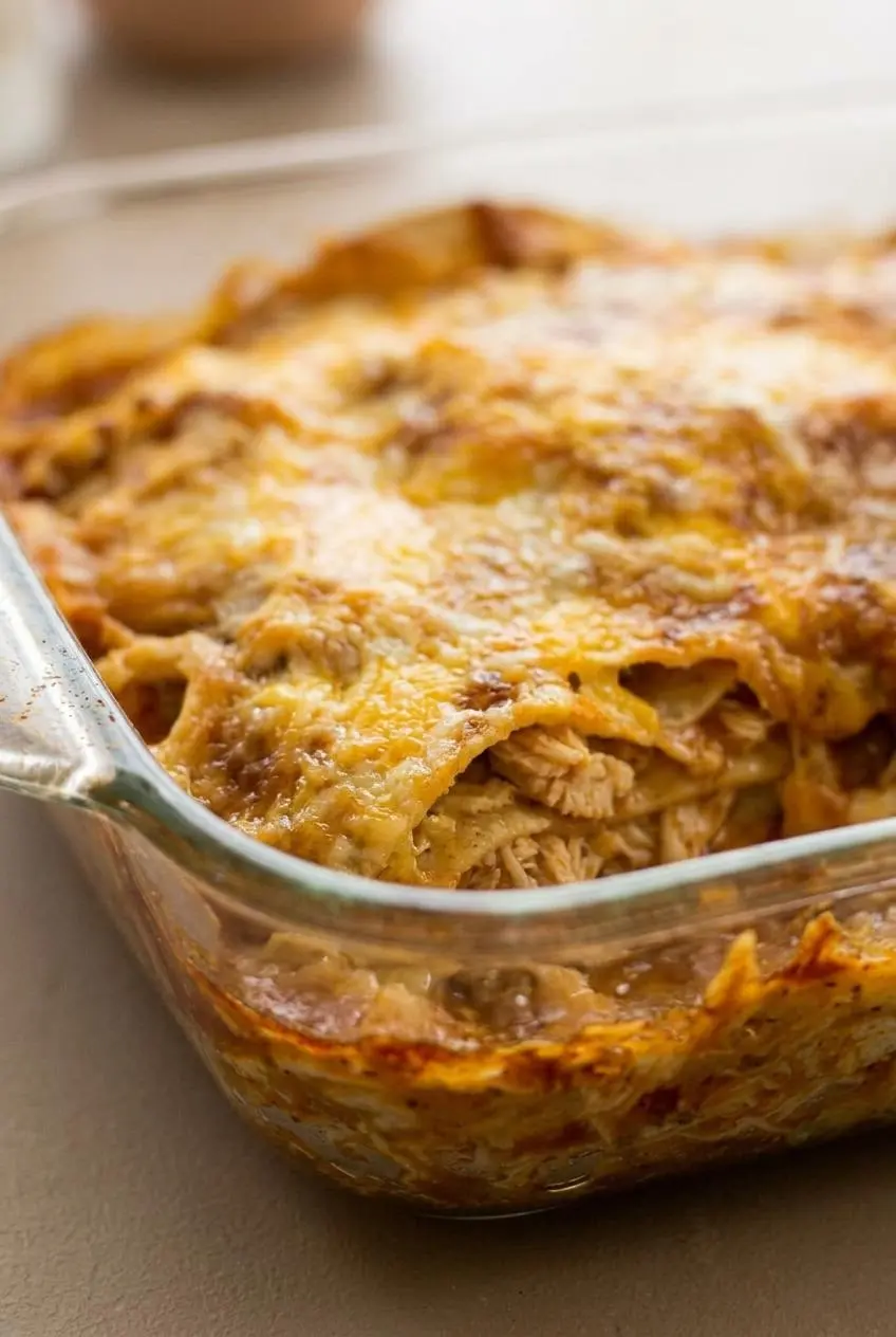 Macro view of bubbly caramelized cheese crust and creamy chicken filling in a casserole dish.