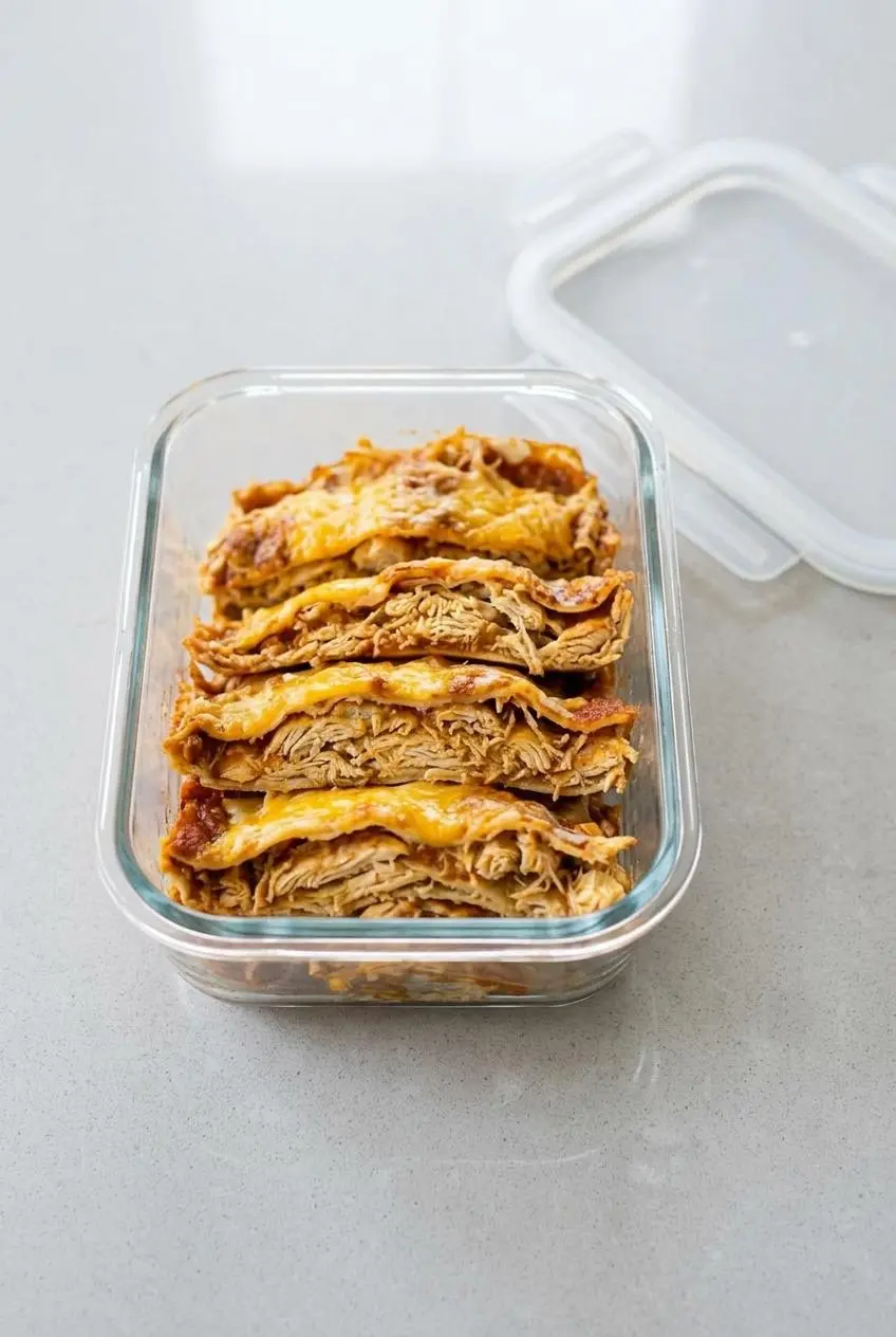 Slices of keto enchilada casserole portioned inside a clear glass meal prep storage container.