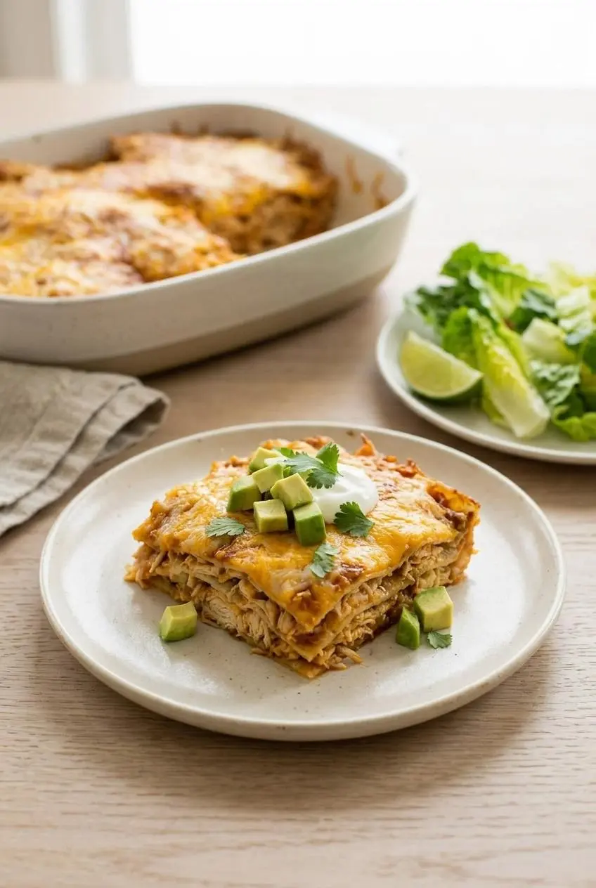 Plated slice of keto enchilada casserole garnished with diced avocado, sour cream, and cilantro.