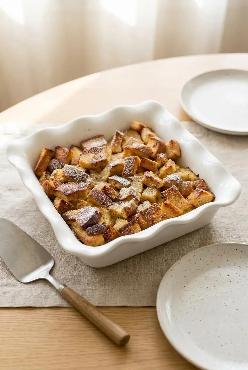 Freshly baked keto french toast casserole in a white baking dish on a wooden breakfast table.