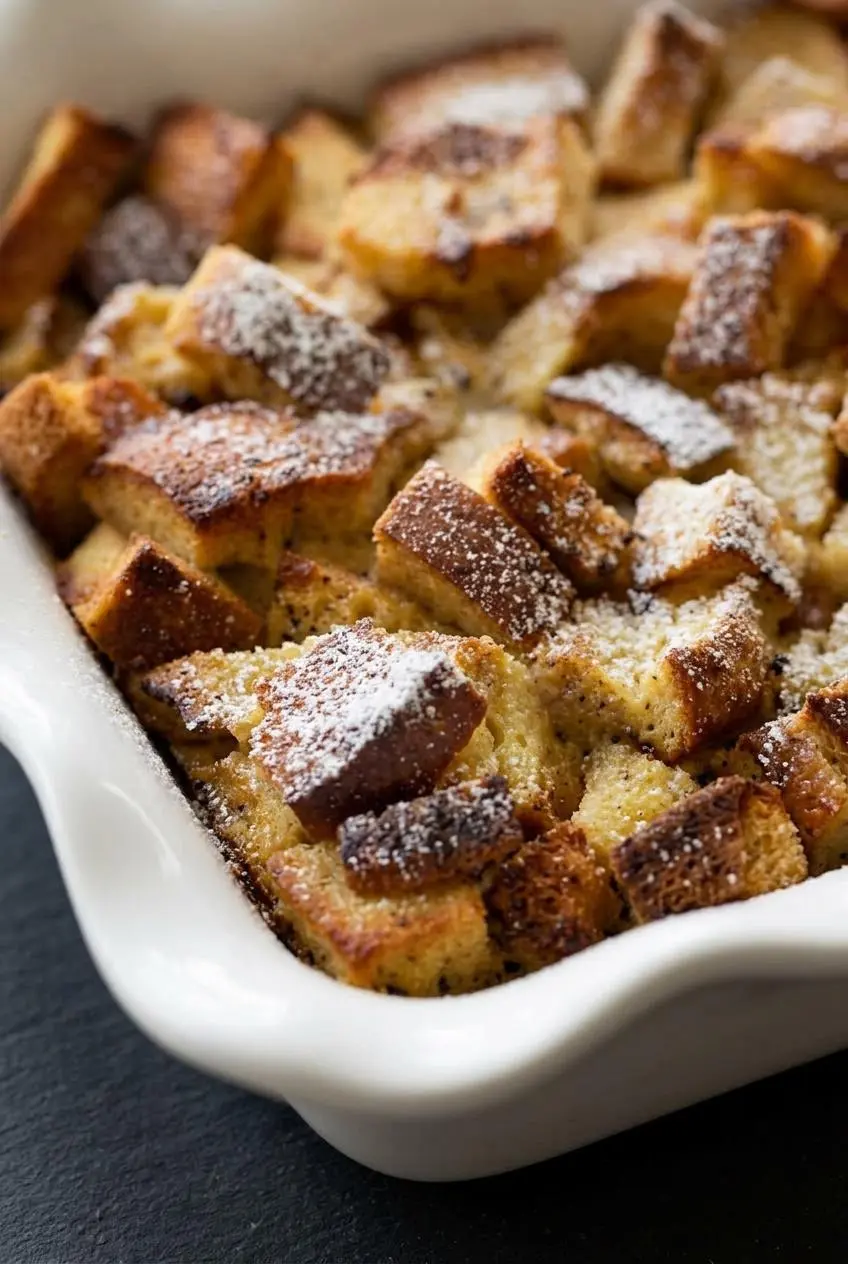 Close-up of golden crisp bread edges and tender custard in keto french toast casserole.