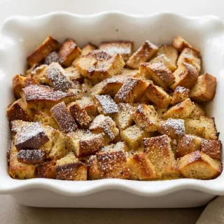 Golden baked keto french toast casserole with crisp bread edges, warm spiced custard, and powdered sweetener.