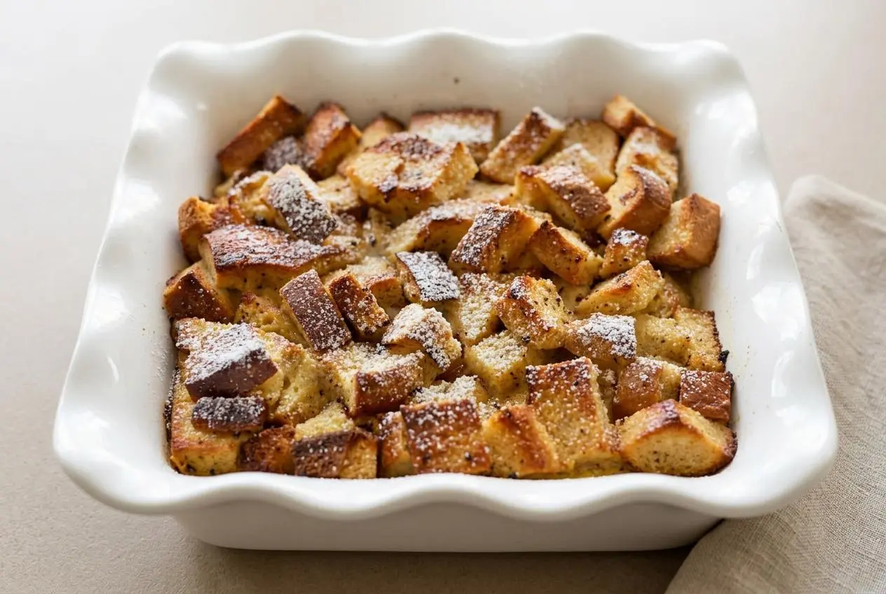 Golden baked keto french toast casserole with crisp bread edges, warm spiced custard, and powdered sweetener.