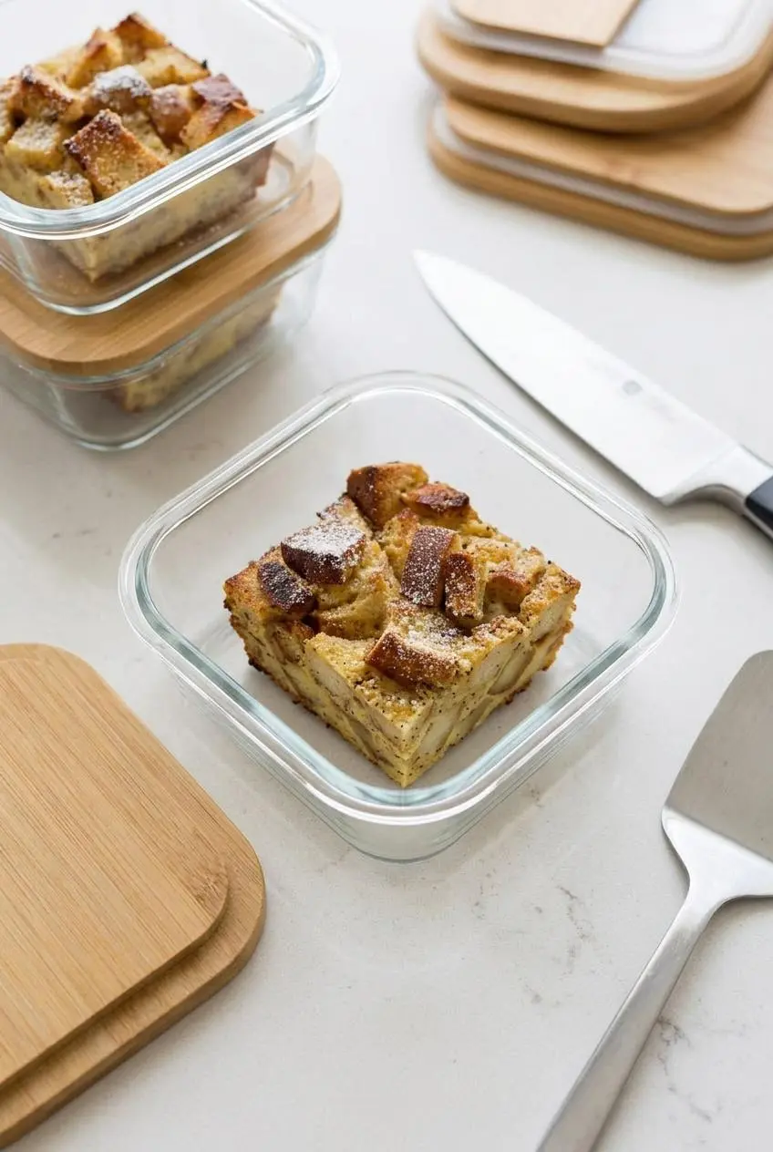 Sliced portions of baked keto french toast casserole stored inside a clear glass container.
