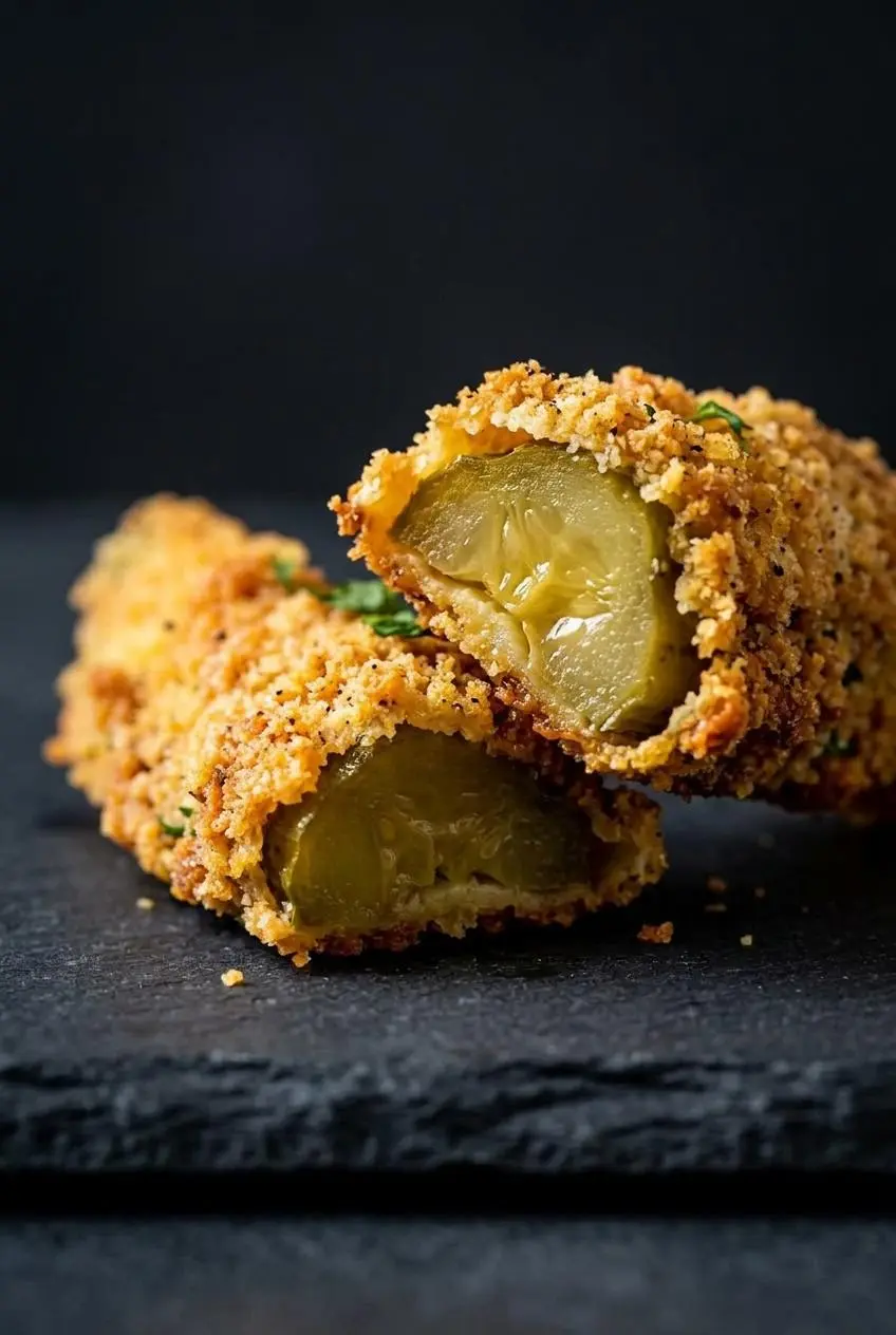 Cross-section of a keto fried pickle spear showing a juicy dill pickle center and craggy crumb.