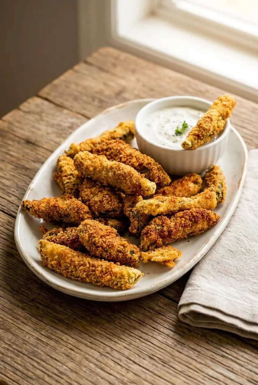 Platter of golden keto fried pickles served alongside a small bowl of creamy keto ranch dip.