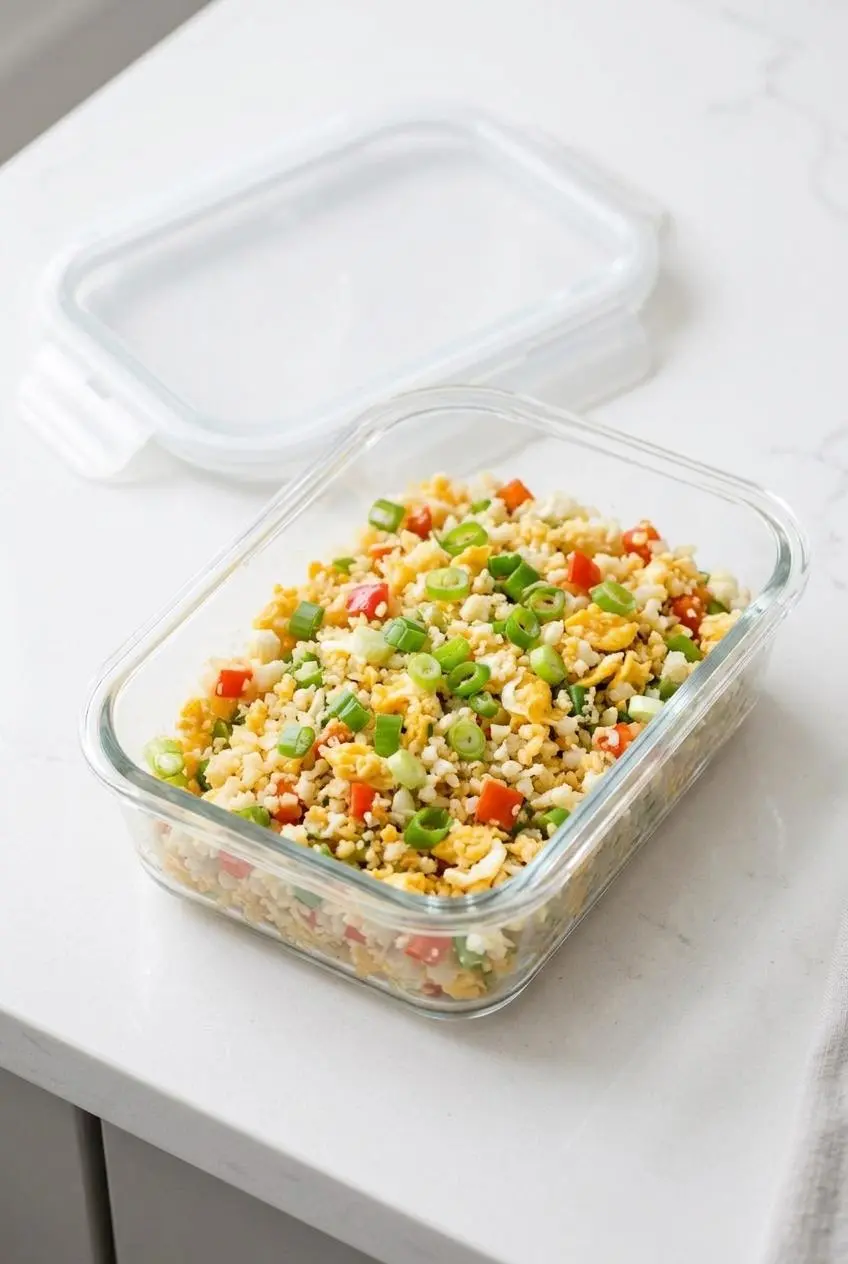 Portion of cooked keto fried rice packed inside a clear glass meal prep container on a white countertop.