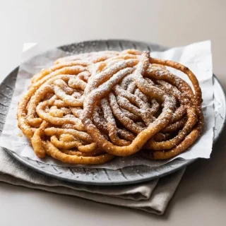 Keto funnel cake with crisp golden fried swirls dusted generously in powdered sweetener.