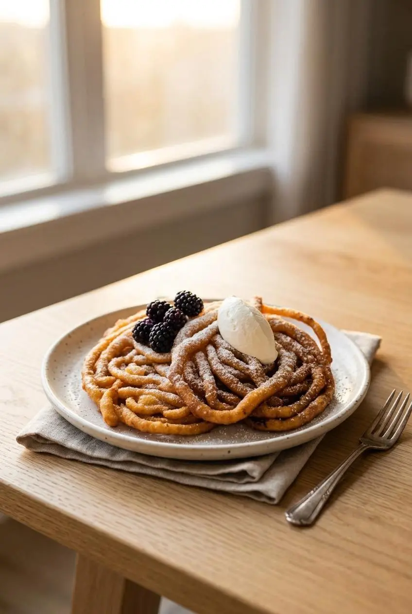 Keto funnel cake plated on ceramic dish with fresh blackberries and a scoop of whipped cream.