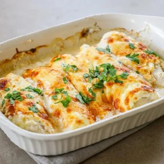 Baked keto garlic parmesan chicken with a golden bubbly cheese topping and fresh parsley in a casserole dish.