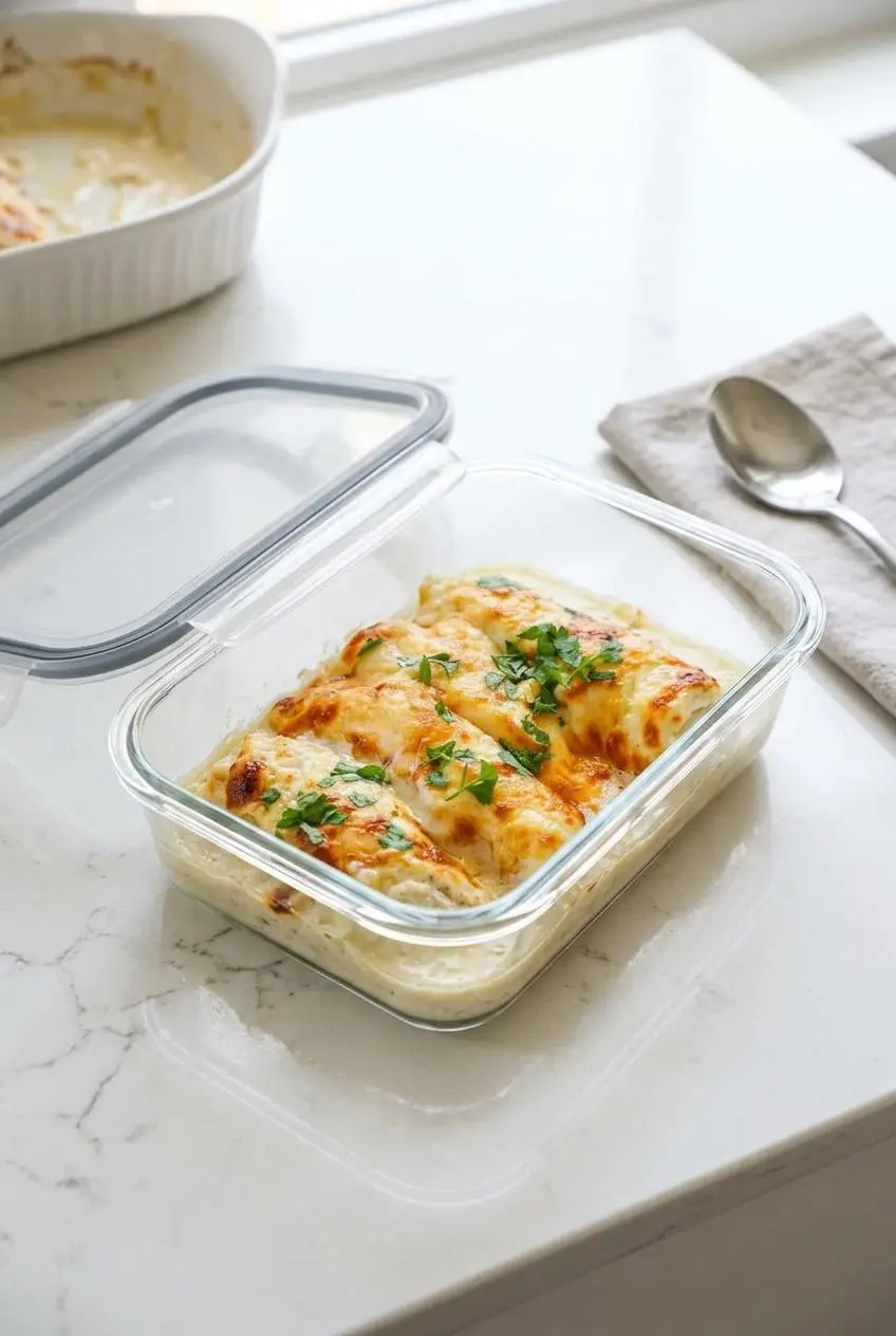 Glass meal prep container holding a portion of garlic parmesan chicken with creamy pan sauce on a quartz counter.