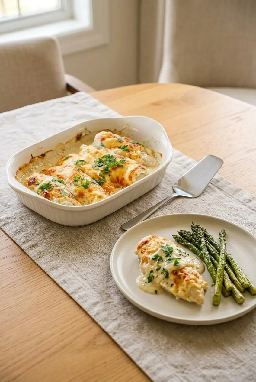 Plated keto garlic parmesan chicken served with tender roasted asparagus spears beside the baking dish.