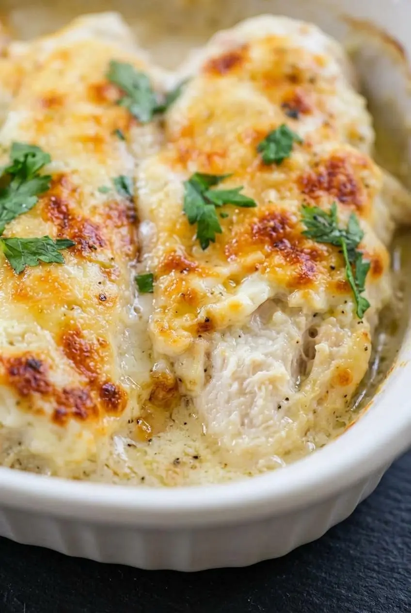 Close-up of golden blistered mozzarella and parmesan cheese crust on baked keto chicken.