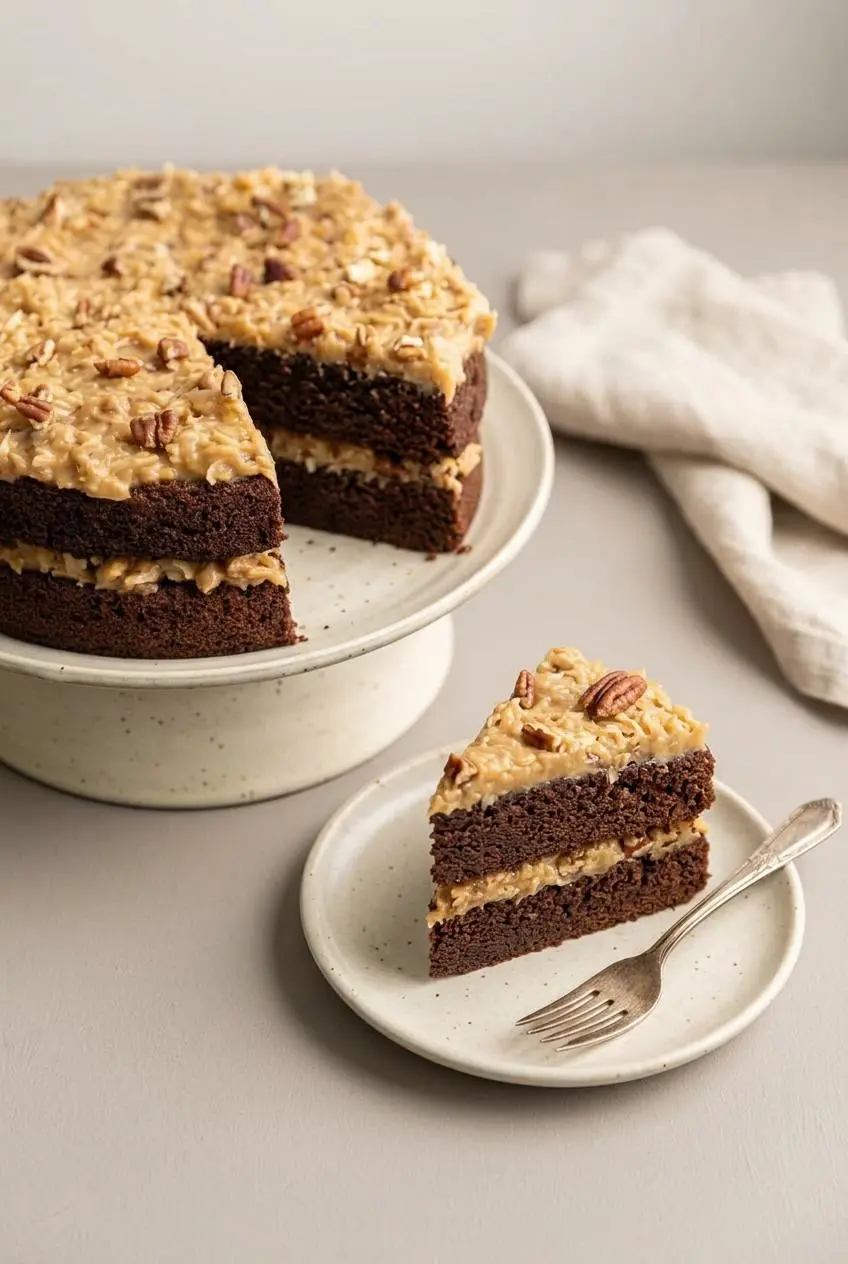 Plated slice of keto german chocolate cake with dessert fork alongside the assembled double-layer cake.