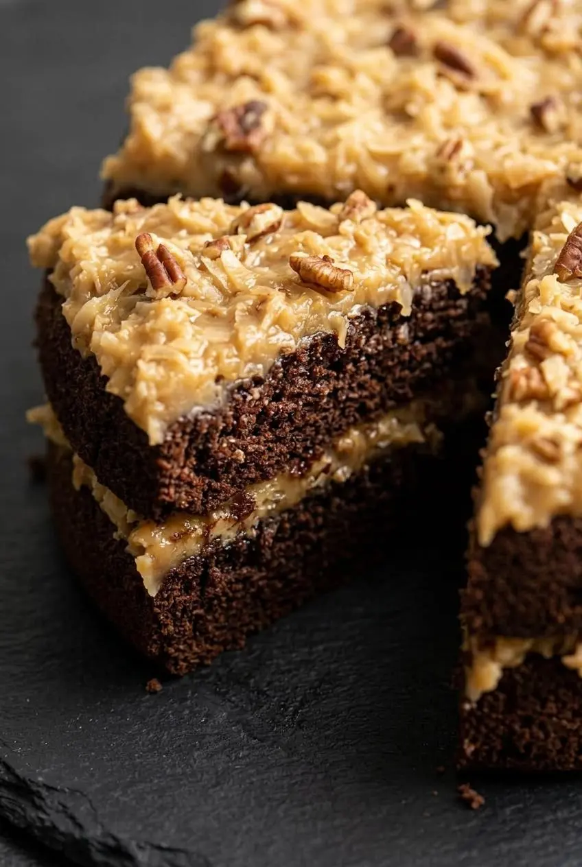 Macro view of thick coconut pecan custard frosting resting on moist almond flour chocolate cake sponge.