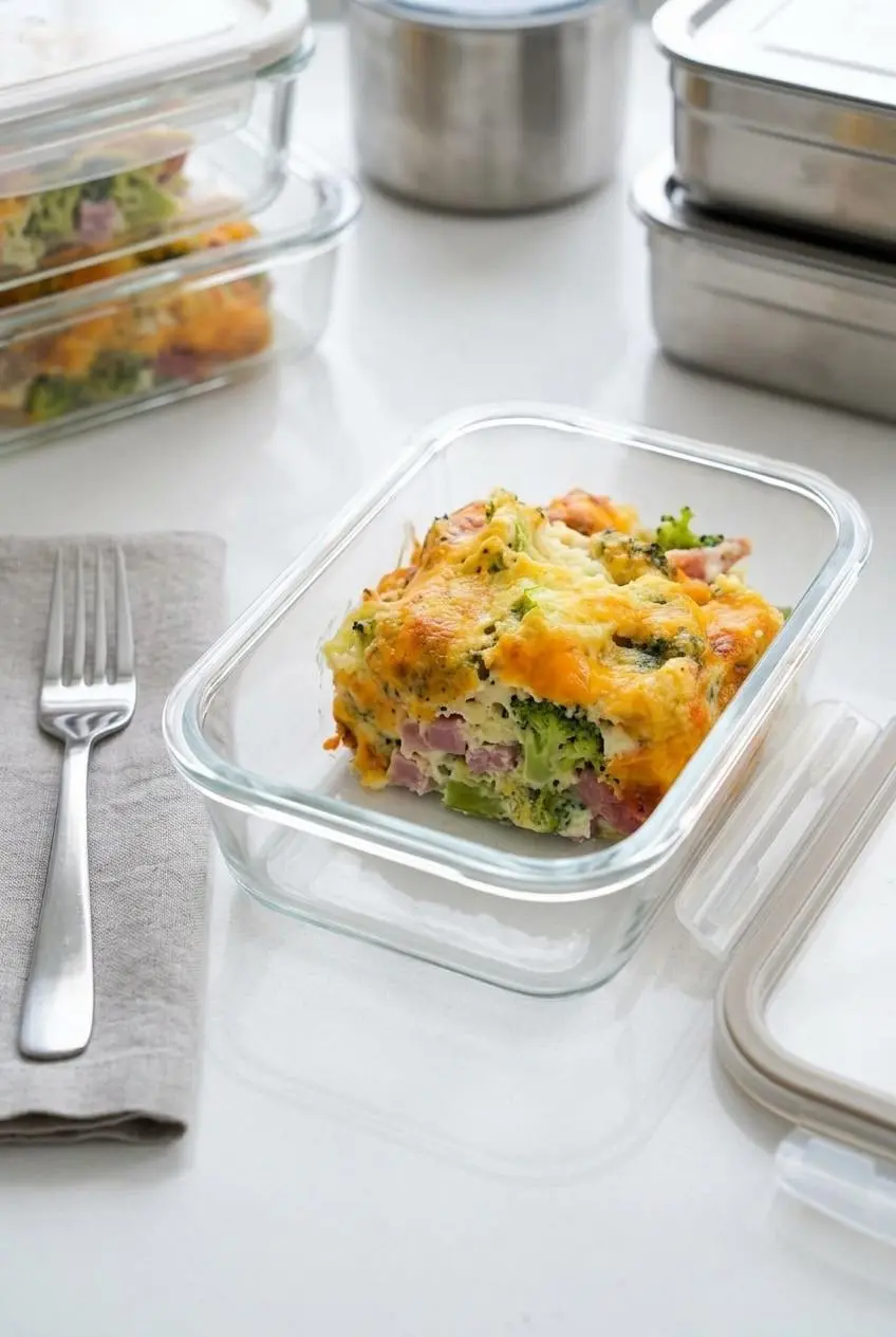 Portion of keto ham and broccoli casserole packed in a glass meal prep storage container.