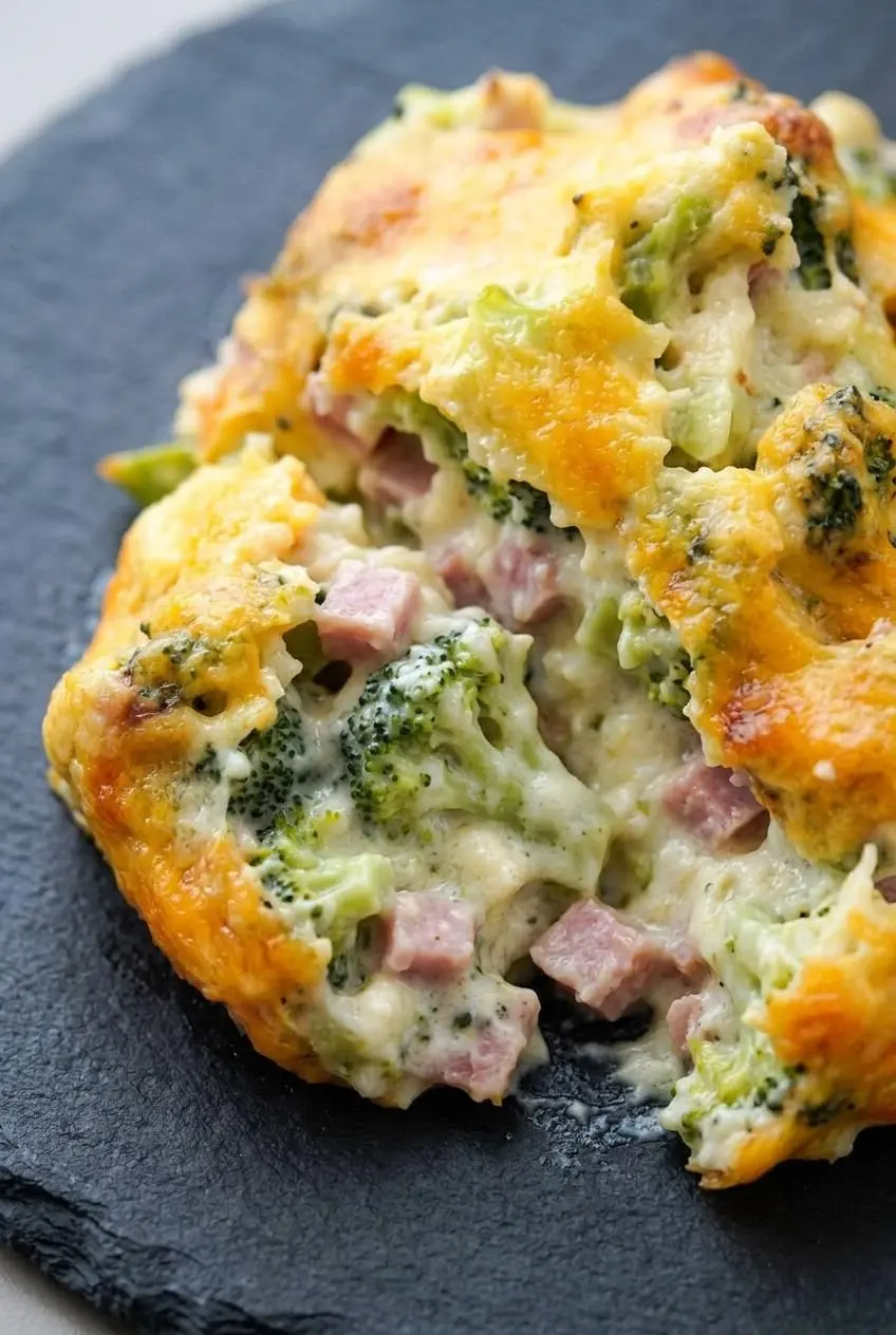 Close-up scoop of keto ham and broccoli casserole showing a thick cheese sauce and tender florets.
