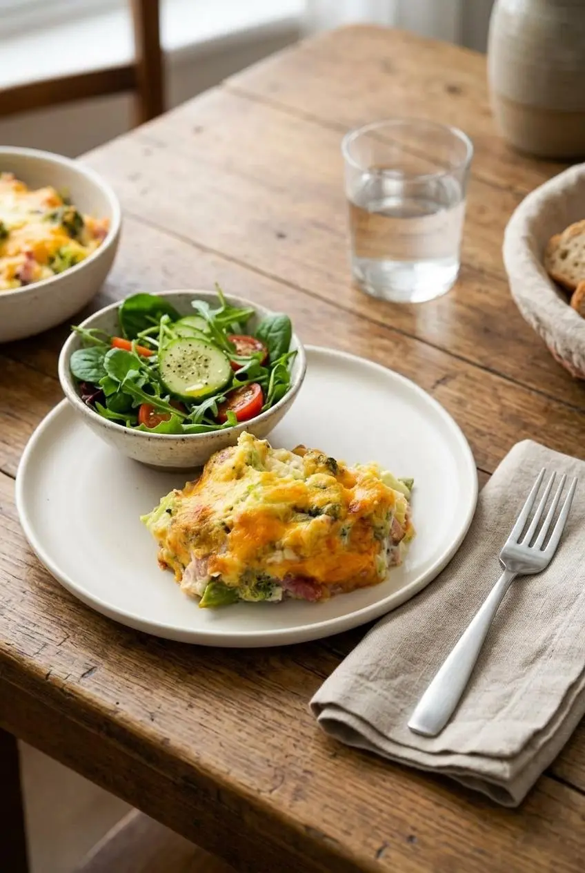 Warm baking dish of ham and broccoli casserole served alongside a fresh leafy green salad.