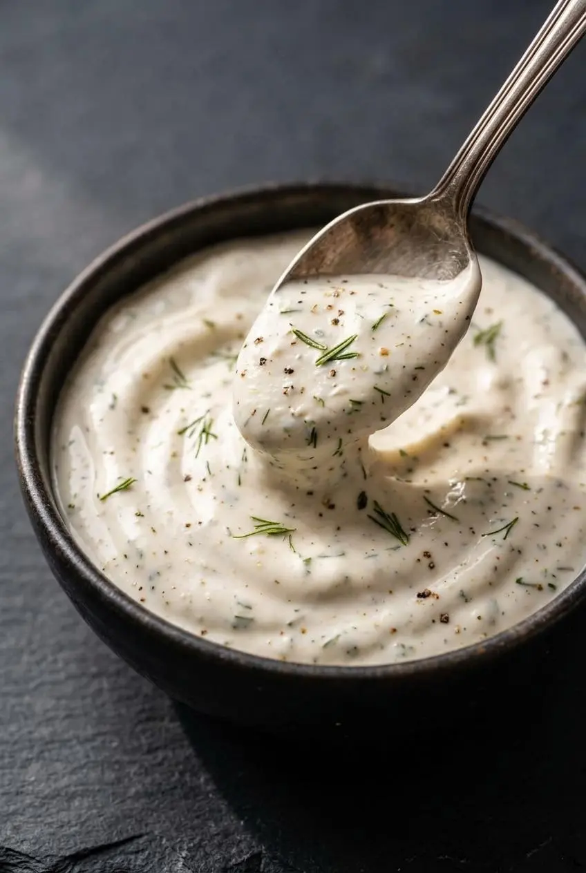 Thick keto herb dip lifted on a silver spoon showing a smooth, ribboned texture with green herb flecks.