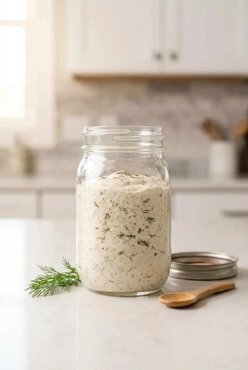 Homemade keto vegetable dip portioned inside a clear glass mason jar next to fresh dill on a kitchen counter.