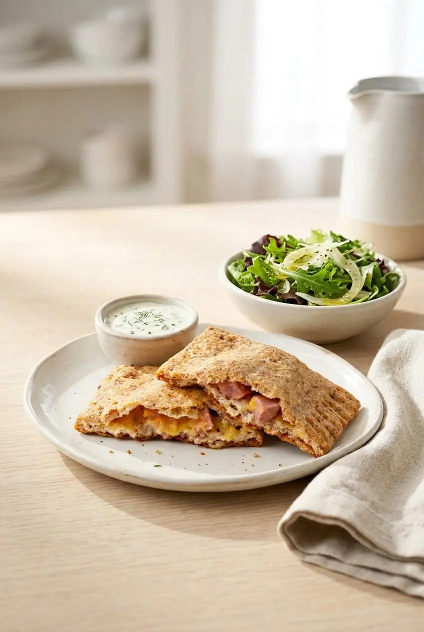 Sliced keto hot pocket on a plate paired with creamy ranch dip and a fresh leafy green salad.