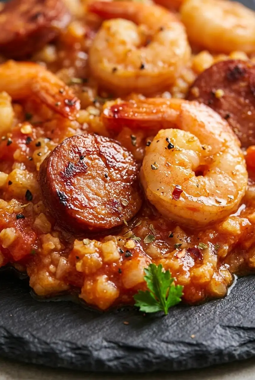 Close-up of thick tomato sauce coating cauliflower rice, seared andouille sausage, and pink shrimp.