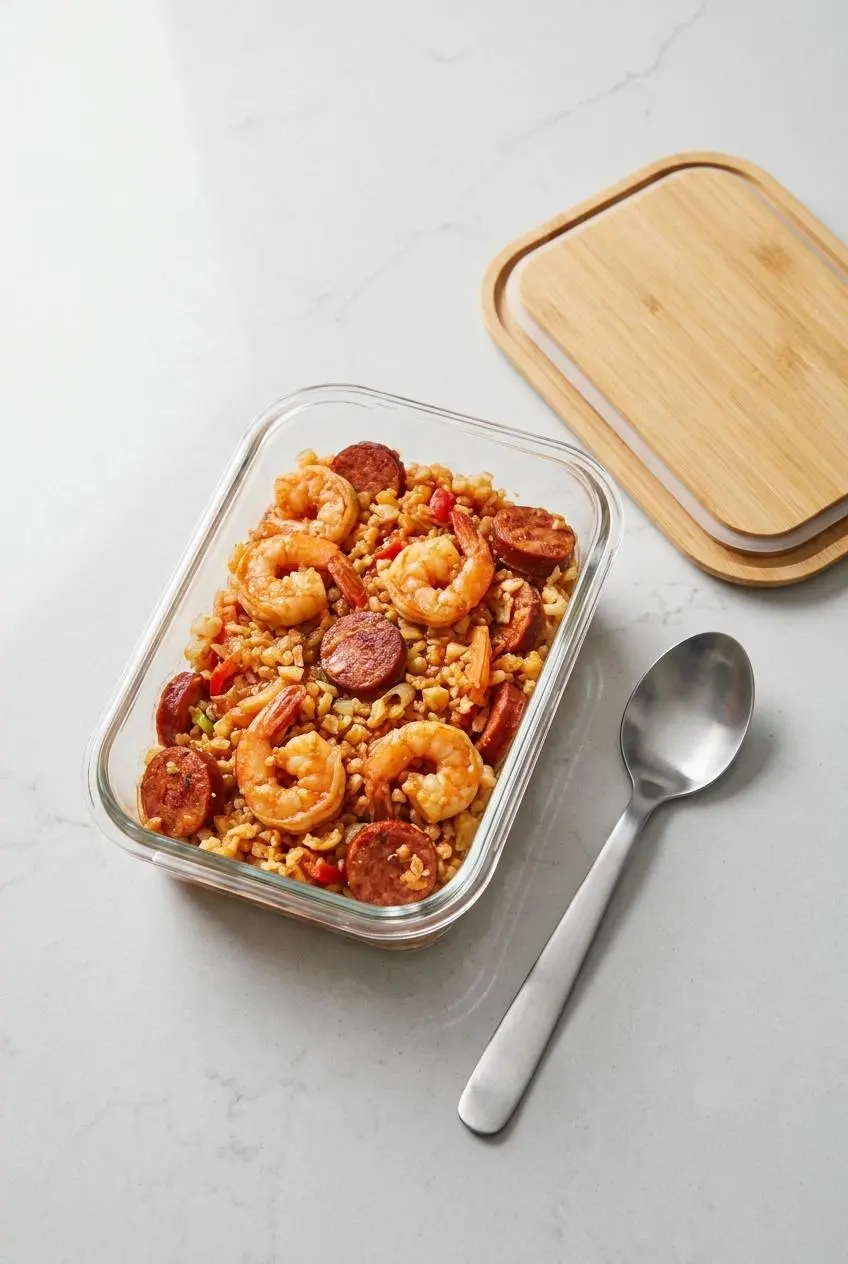 Portion of keto jambalaya packed into a glass meal prep container next to a bamboo lid.