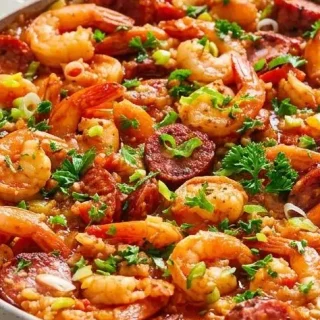 Keto jambalaya recipe with tender shrimp, andouille sausage, and glossy spiced cauliflower rice in a skillet.
