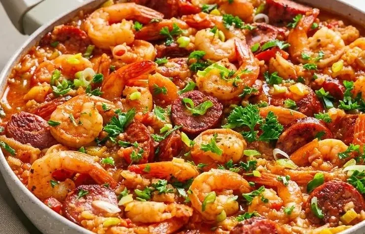 Keto jambalaya recipe with tender shrimp, andouille sausage, and glossy spiced cauliflower rice in a skillet.