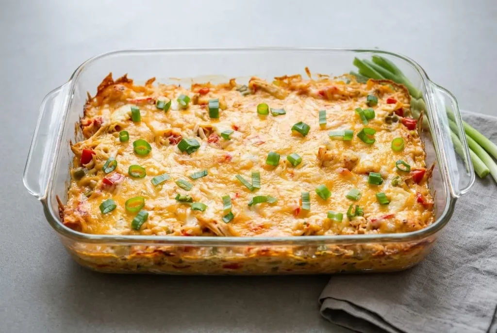 Baked keto king ranch casserole with bubbling golden Colby Jack cheese and creamy shredded chicken layers.