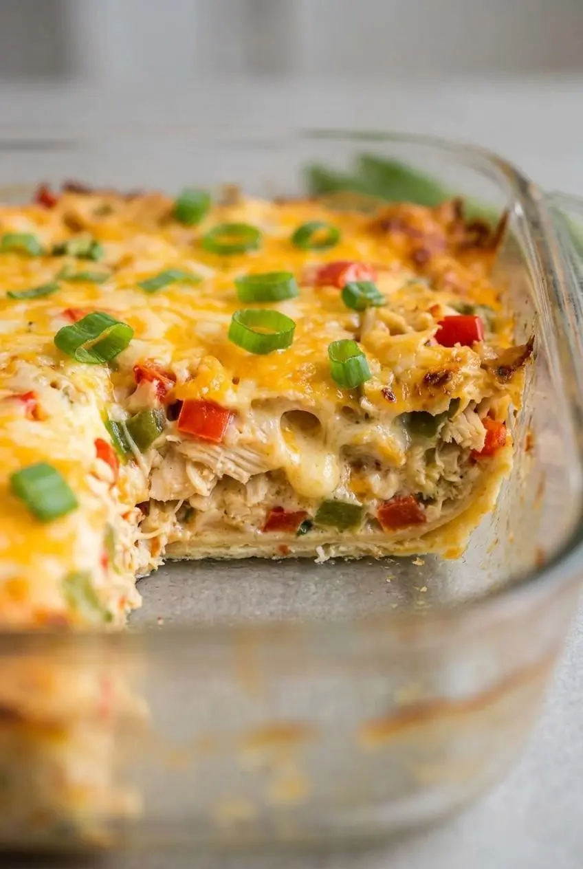 Cross section of keto king ranch casserole showing thick cream sauce and distinct low-carb tortilla layers.