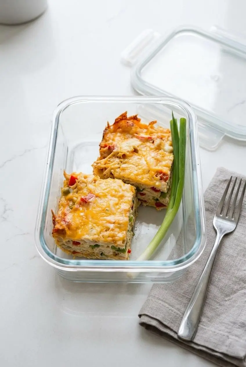 Pre-portioned squares of keto king ranch casserole stored in a clear glass meal prep container.
