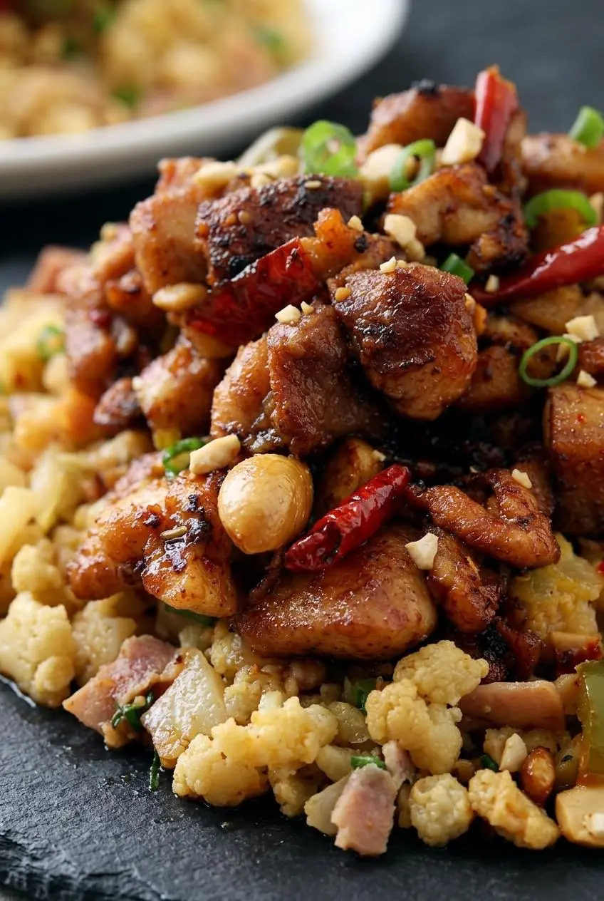 Close-up of keto kung pao chicken showing the glossy, reduced chili-garlic glaze clinging to browned chicken and peanuts.