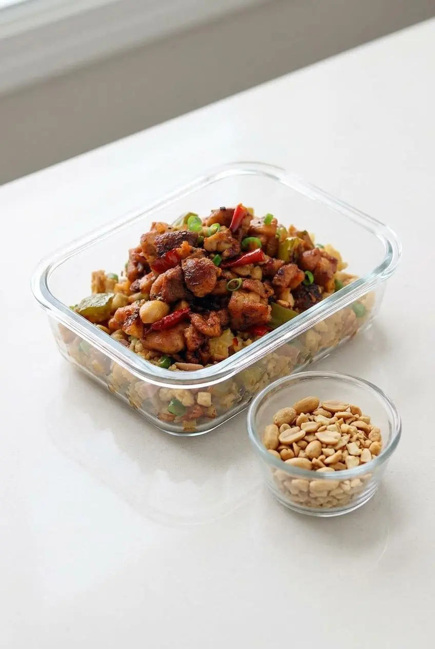 Glass meal prep container holding keto kung pao chicken with crunchy peanuts stored in a separate ramekin.