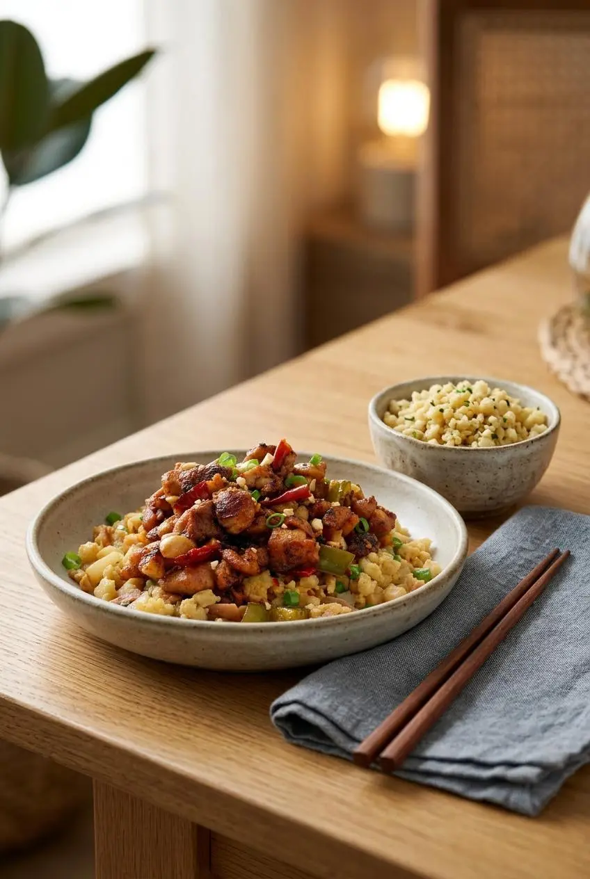 Keto kung pao chicken served in a ceramic bowl paired alongside a side of stir-fried cauliflower rice.