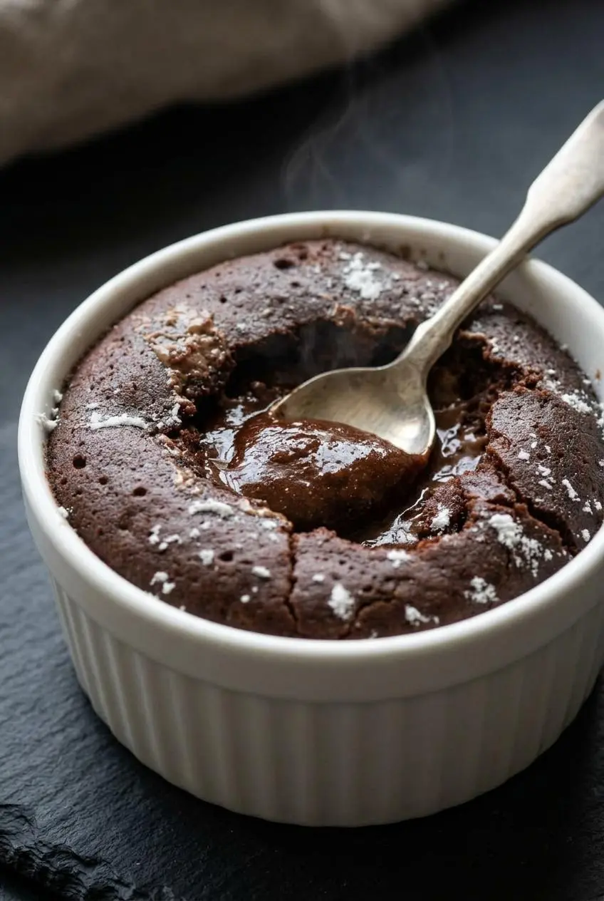 Spoon breaching the soft molten center and matte baked rim of a warm chocolate lava cake.