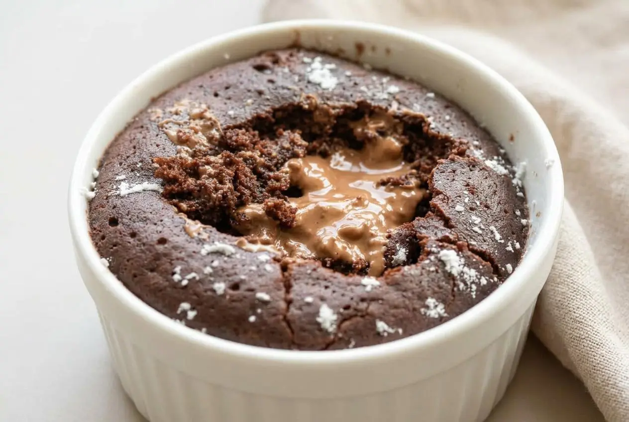 Keto lava cake recipe with a tender baked rim and a warm, velvety molten chocolate center.