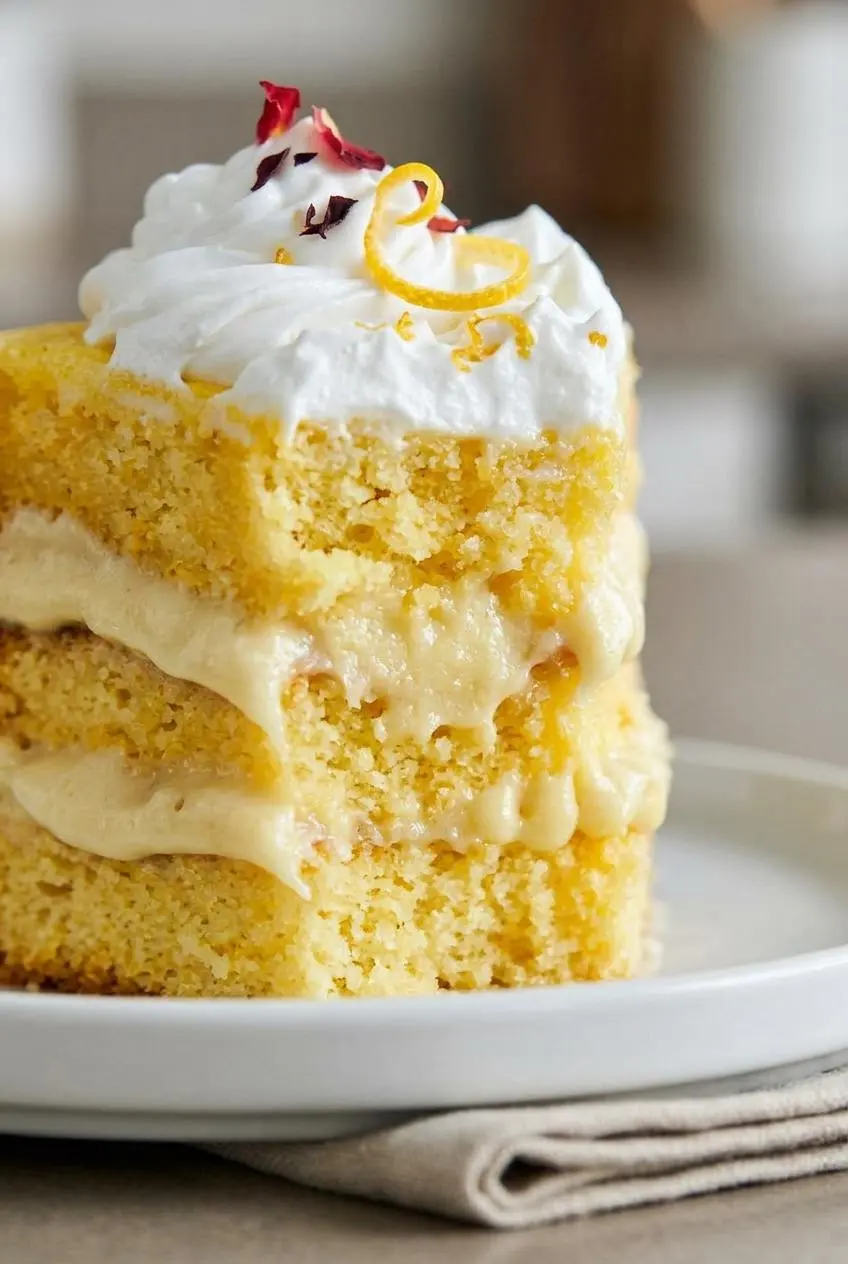 Close-up of keto lemon cake crumb showing fine almond flour texture and thick cream cheese frosting.