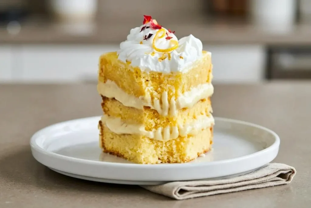 Keto lemon cake recipe baked golden with a tender crumb and swirled cream cheese frosting.