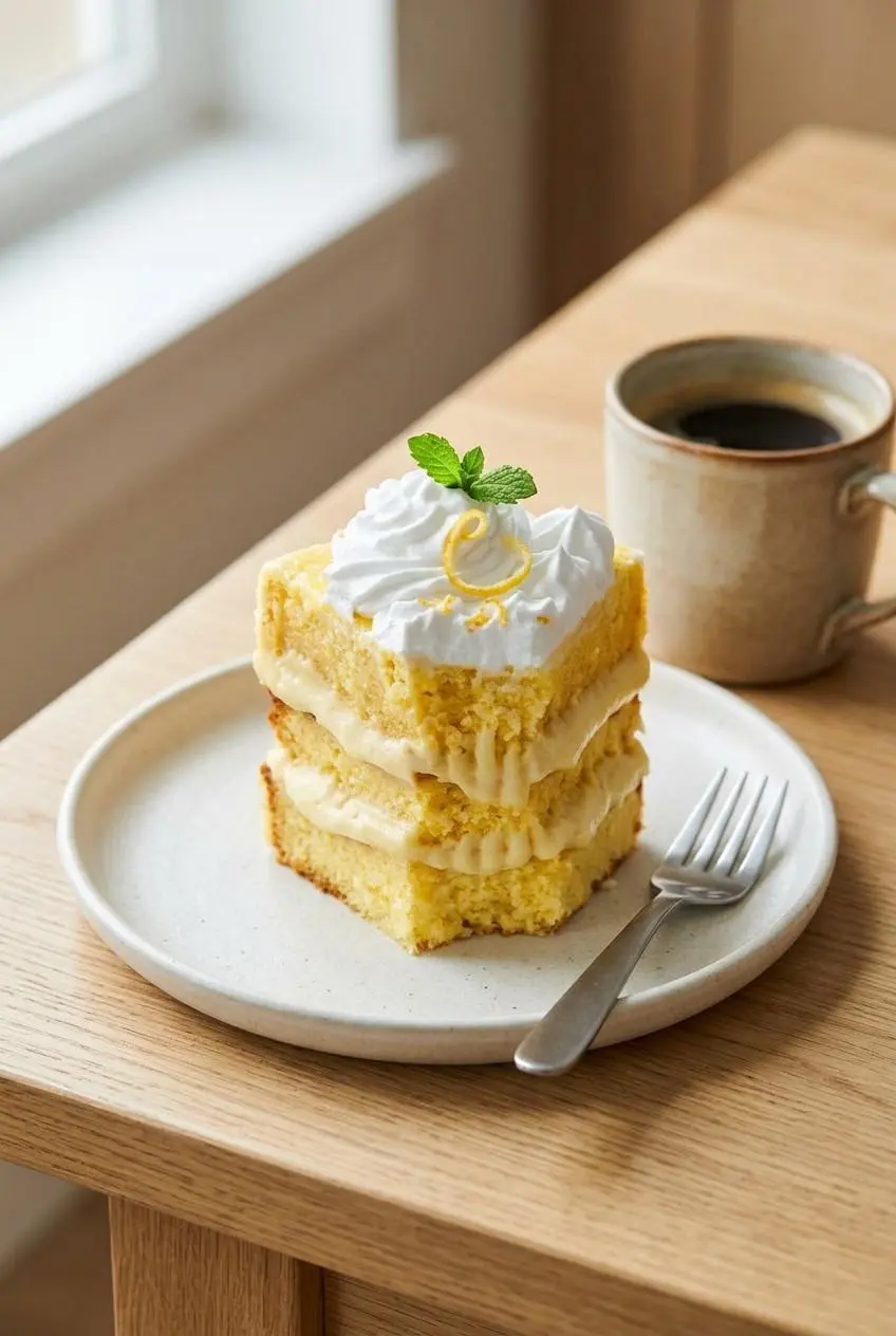 Frosted slice of keto lemon cake garnished with a lemon curl and fresh mint beside a cup of espresso.