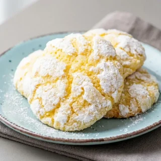 Keto lemon cookies coated in crackled powdered sweetener with lightly golden edges.