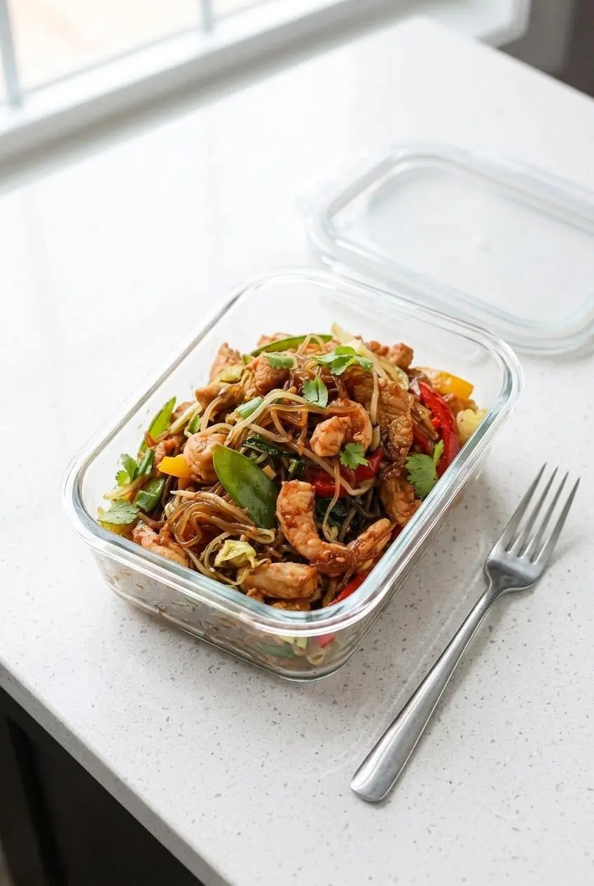 Portion of keto lo mein packed in a glass meal prep container with an airtight lid on a quartz counter.
