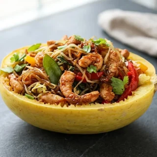 Keto lo mein recipe with chicken, shrimp, and crisp vegetables in a glossy savory ginger sauce.