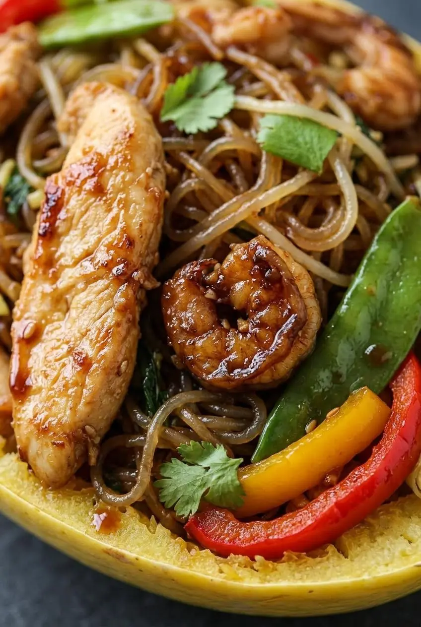 Macro close-up of glossy ginger soy sauce coating shirataki noodles and crisp-tender snow peas without watery pooling.