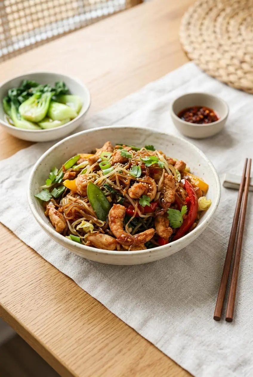 Bowl of keto lo mein topped with sesame seeds and scallions, served alongside steamed bok choy and chili crisp.