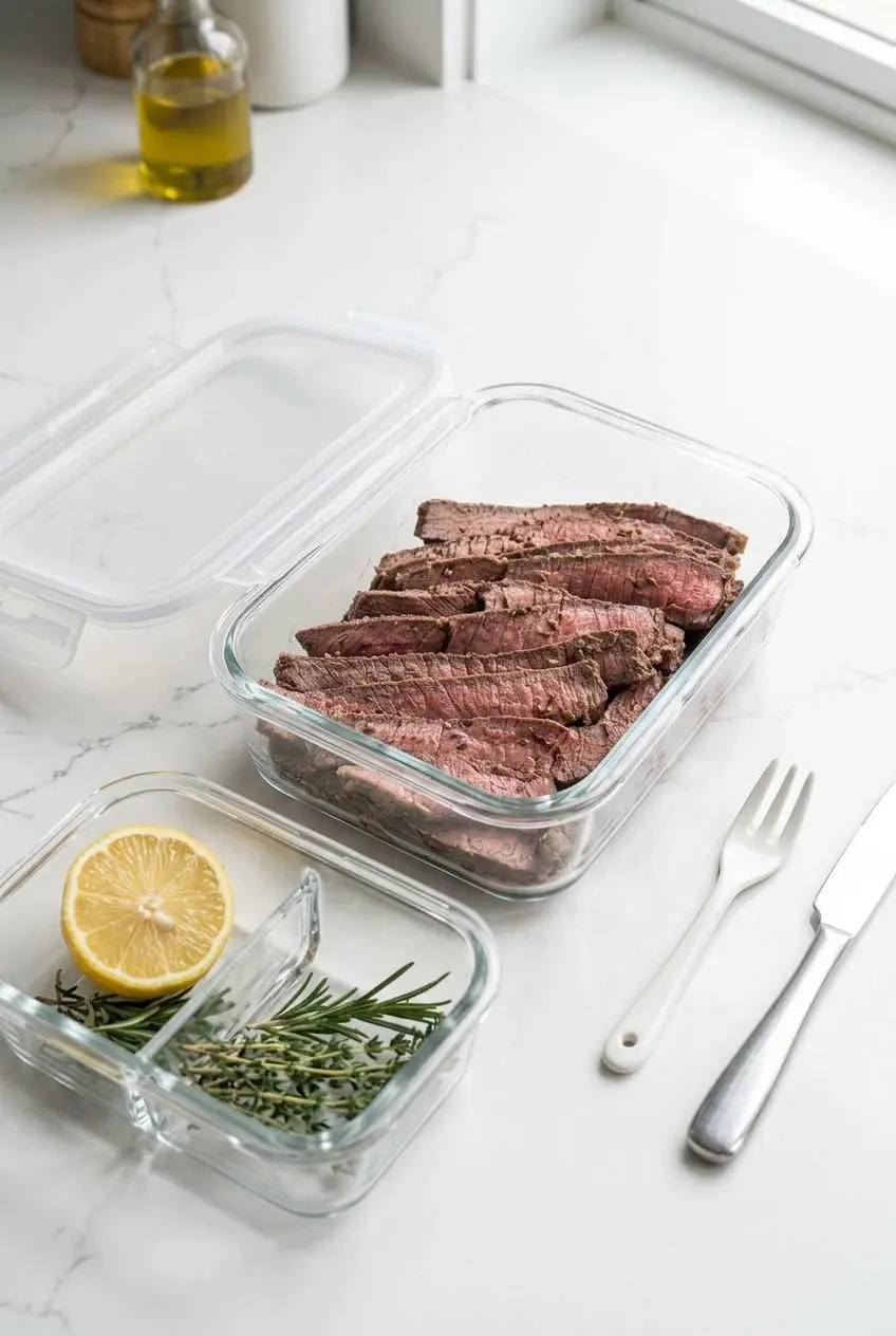Cooked herb-crusted steak slices neatly layered inside a clear glass meal prep container on a quartz counter.