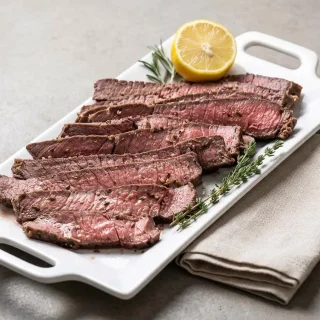 Slices of tender keto london broil recipe beef with a browned herb crust and juicy pink center.