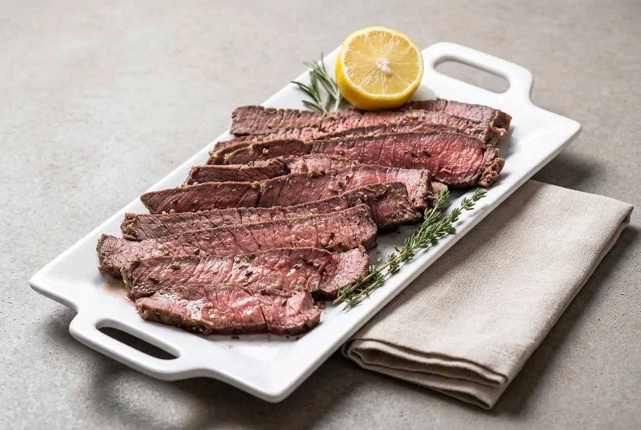 Slices of tender keto london broil recipe beef with a browned herb crust and juicy pink center.