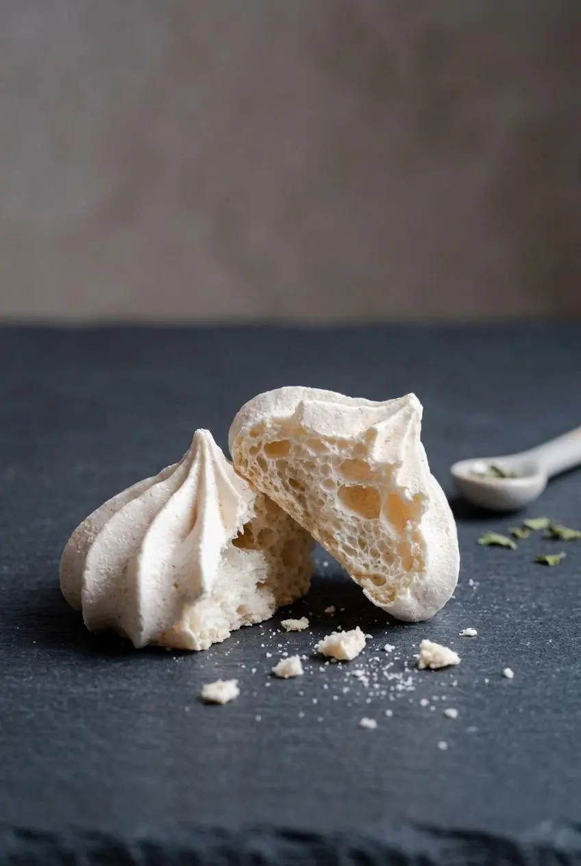 Split keto meringue cookie showing an airy, dry, and hollow interior without weeping or gumminess.